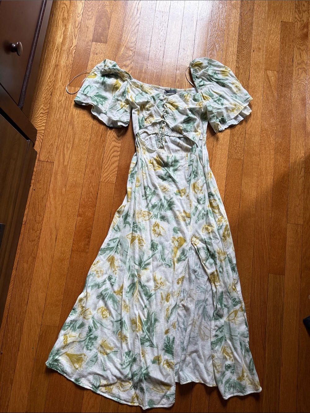 Zara cut out Maxi Dress with slit and green & Yellow Floral Print size medium
